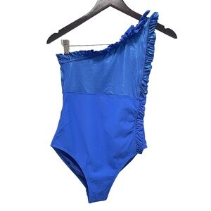Leslie Amon One-Shouldered Ruffle Detail Bright Blue Swimsuit Size Small NWOT